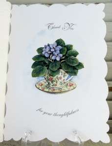 Carol Wilson Thank You Card African Violet In Tea Cup Lace Like 
