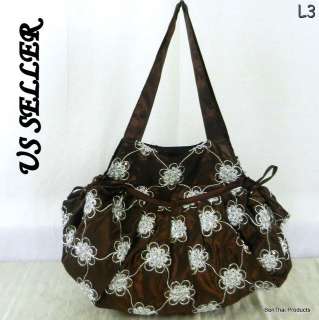 Hippie Hobo Shoulder Bag Purse Brown Floral Silk Satin Thai Handbag L3 