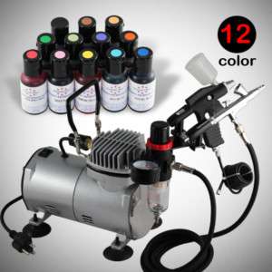 12 Ameri Food Color 2 Airbrush Air Compressor Kit Dual Action Cake 