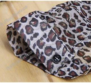 New Womens 3/4 Sleeve Casual Leopard Print Shirt Tops Botton Down 
