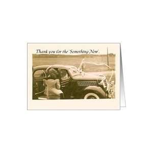   Something New, Antique Photo of Bride Going Away in Decorated Car Card