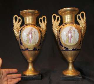 Gold Enamel Sevres Swan Maiden Urns Vases Porcelain  