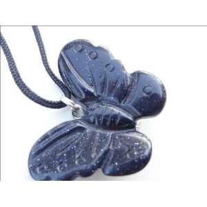  Blue Goldstone Butterfly Pendant with Cord Necklace 