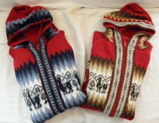 NWOT ~ PERU Hooded Sweater Alpaca & Wool Llama Design full zipper Red 