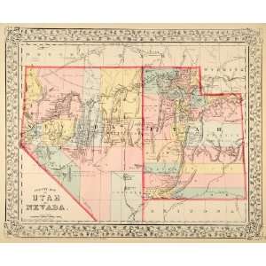  1872 Map Utah Nevada State Counties W.H. Gamble Antique 