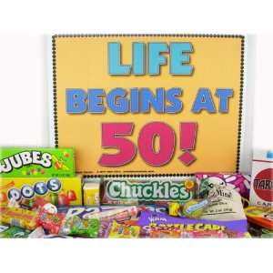 50th Birthday Party Celebration Gift Box of Retro Candy   Life Begins 