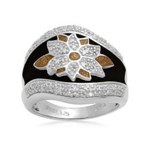 Sterling Silver Black and Gold Enamel Flower Diamond Ring (1/5 cttw, I 