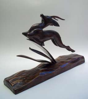 1930 ART DECO,LEAPING GAZELLE CARVED WOOD SCULPTURE  