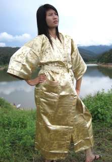 CHINESE SILK DRESSING GOWN Asian Script Golden Beige L  