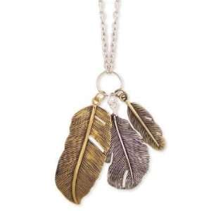   Triple Metal Feathers Necklace on Long 30 Silver Chain   Antique Gold
