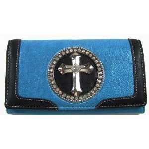  Ladies Trifold Faux Blue Leather Wallet with Black Trim 