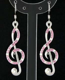E52B Shiny Treble Clef Music Note Pink Crystal Dangle Earrings New 