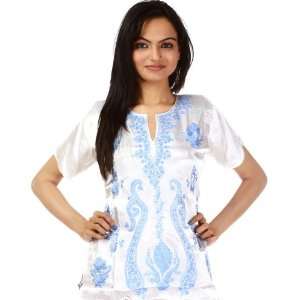 Ivory Kashmiri Kurti Top with Crewel Embroidery in Blue Thread   Pure 