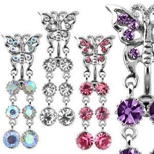  Belly Ring Top Down Butterfly with 2 Clear Cubic Zirconia 