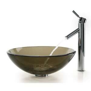   1002 Clear Brown Glass Vessel Sink and Sheven Faucet