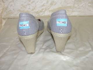 AUTH TOMS SHOES BLUE WHITE STRIPS CANVAS WEDGES HEELS 9.5  