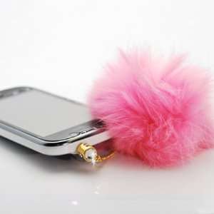 Headphone Plug Dust Protector Charm Pink Faux Fur Bling 