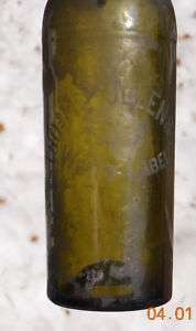 GREEN ETCHED THOS MULLEN & COS WHITE LABEL WINE BOTTLE  