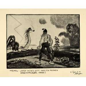  1915 Print German Cartoon Man Watering Garden Dragon Bear 