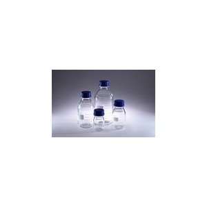 250ml GL45 Clear Media Bottle with Blue PP Linerless Cap and Pouring 