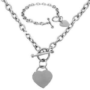   Steel Heart Chain Necklace and Bracelet Set with Toggle Clasp Jewelry