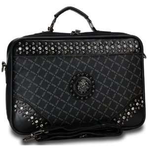   studded 2 tone briefcase w/ silver lion emblem