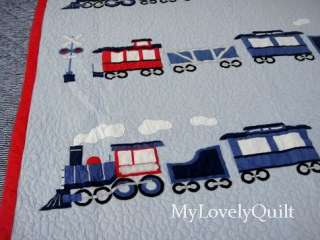Blue TRAIN Applique Bedspread Quilt set TWIN Single BOY  