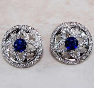 Blue Sapphire & White Topaz 925 Solid Sterling Silver Earrings  