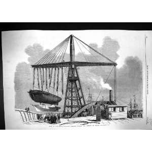  1859 Ship Deck Great Floating Derrick Lifting Wrecks 