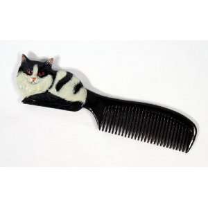  Handpainted Black White Cat Comb Beauty