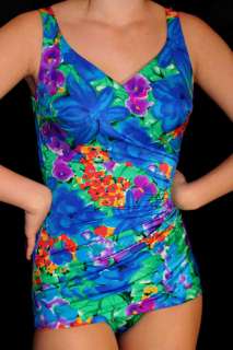  70s 80s Does 40s FLORAL RUCHED SWIMSUIT Tropical Bathing Suit  