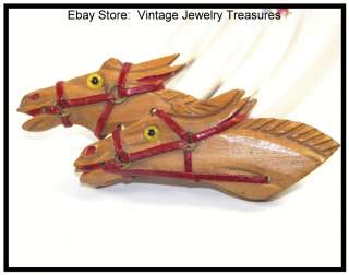   Carved Wooden Horses Pin Glass Wired Eyes Brass Bridle Rings  