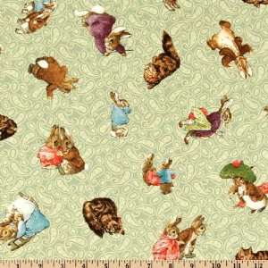 44 Wide Benjamin Bunny & Peter Rabbit Friends Green Fabric By The 