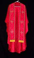 RED BROCADE CHASUBLE & STOLE Crosses, Clergy Priest Vestments Church 