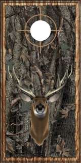 oak camo wood deer buck head hunting cornhole board wrap decal set 