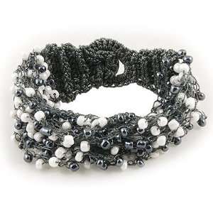   Plastic Bead Linked Multi String Thread Bracelet Bangle Gray Jewelry