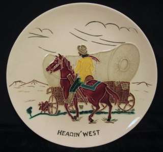 VTG COWBOY~HORSE HEADIN WEST PLATE~COVERED WAGON~RODEO  