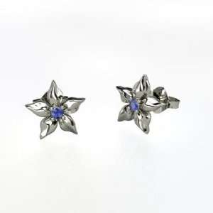   Star Flower Earrings, Sterling Silver Stud Earrings with Sapphire