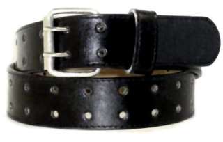 Black Leather Biker Belt with Silver Belt Buckle and 2 Rows of Holes w 