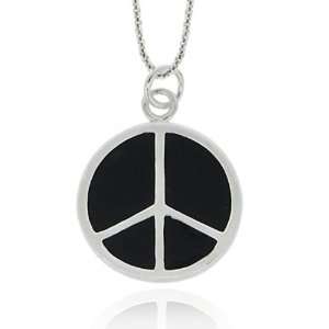 Sterling Silver Black Enamel Peace Sign Pendant Jewelry