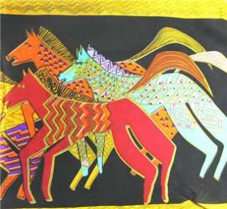 100% Black Silk Oblong Scarf Art Painting Gallop Horses  