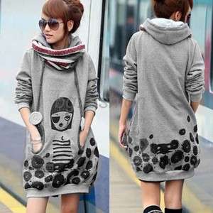New Korea Womens Long Hoodie Fleece Sweatshirt Top Pullover Mini 