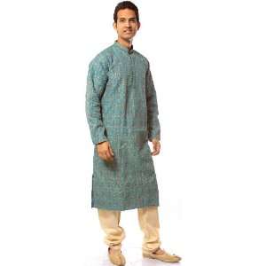  Turquoise Blue Kurta Set with Brocade Woven Paisleys and 