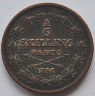   XIV JOHAN 1836 1/6 BANCO SKILLING Coin in Nice XF. 100% Authentic