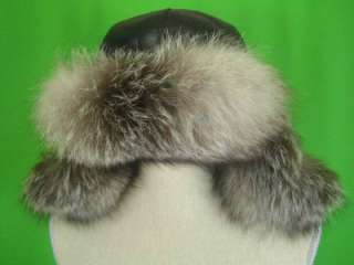 Natural Finnish Silver Fox Fur and Black Leather NEW Trapper Hat 