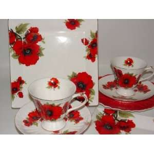    Red Poppy Square Dessert Plate Fine Porcelain