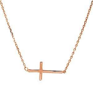  Rose Gold Over Sterling Silver Sideway Cross Necklace 