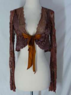 Ann Ferriday Lace Cobweb Tie Front Nylon Shrug One Size Brown  
