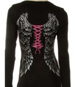 Gothic Sexy Long Sleeve Angel Wings Corset Harley Biker T Shirt S 3XL 