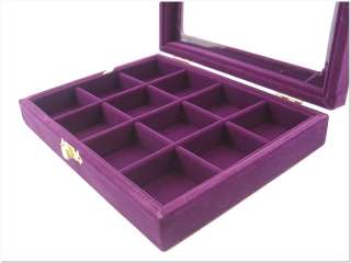 Purple 12 Compartment Jewelry Glass Top Box Case Tray  